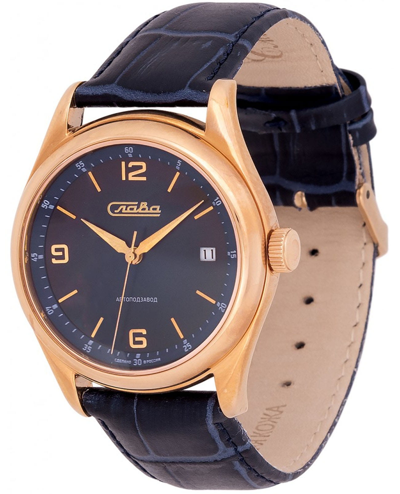 Слава Слава ПРЕМЬЕР 1493276/300-8215  1493276/300-8215 механические мужские часы синий циферблат, браслет кожаный — вид спереди